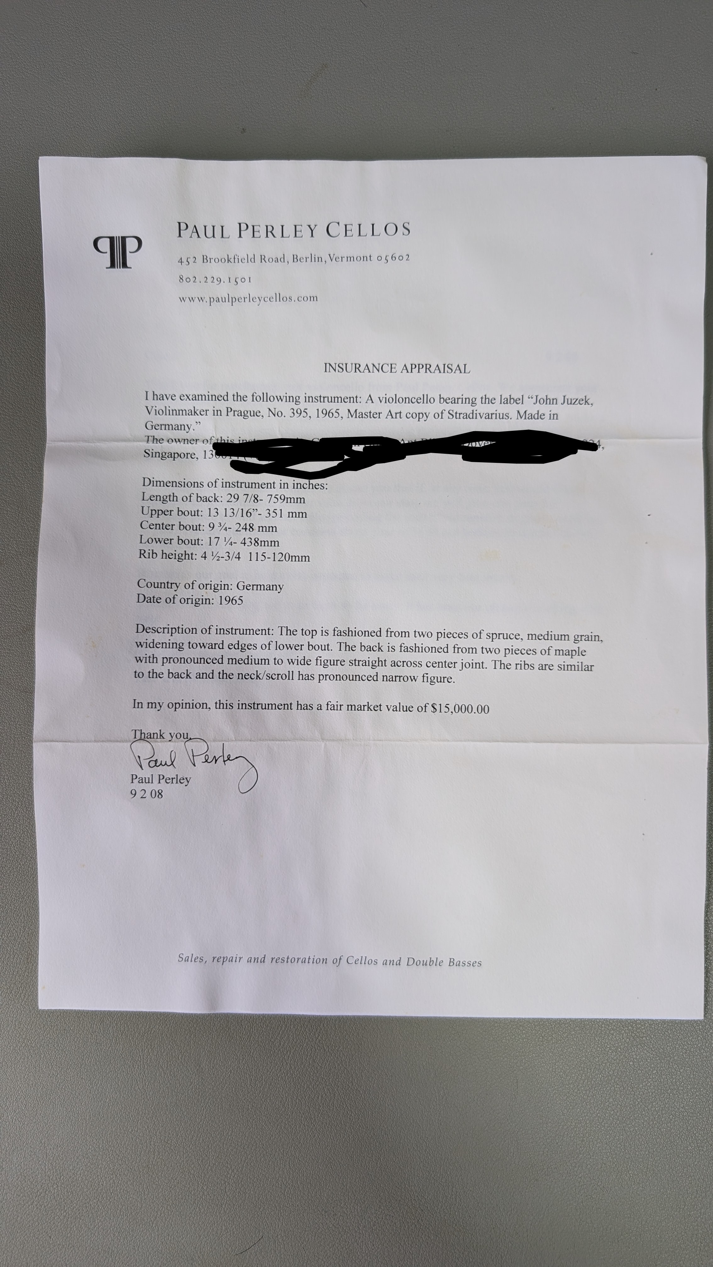 Paul Perley insurance appraisal USD 15000