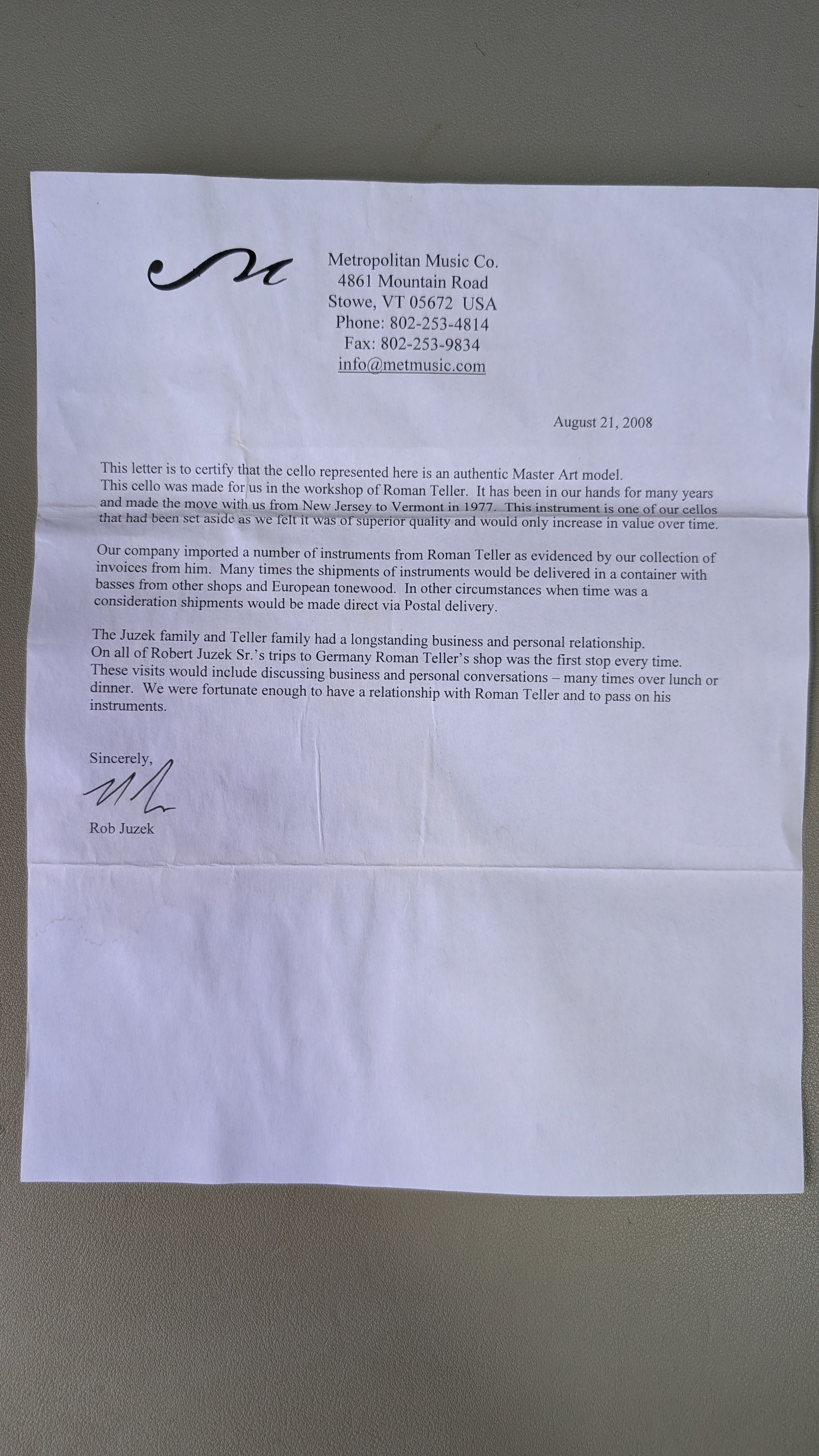 Rob Juzek Metropolitan Music Co. provenance letter August 2008